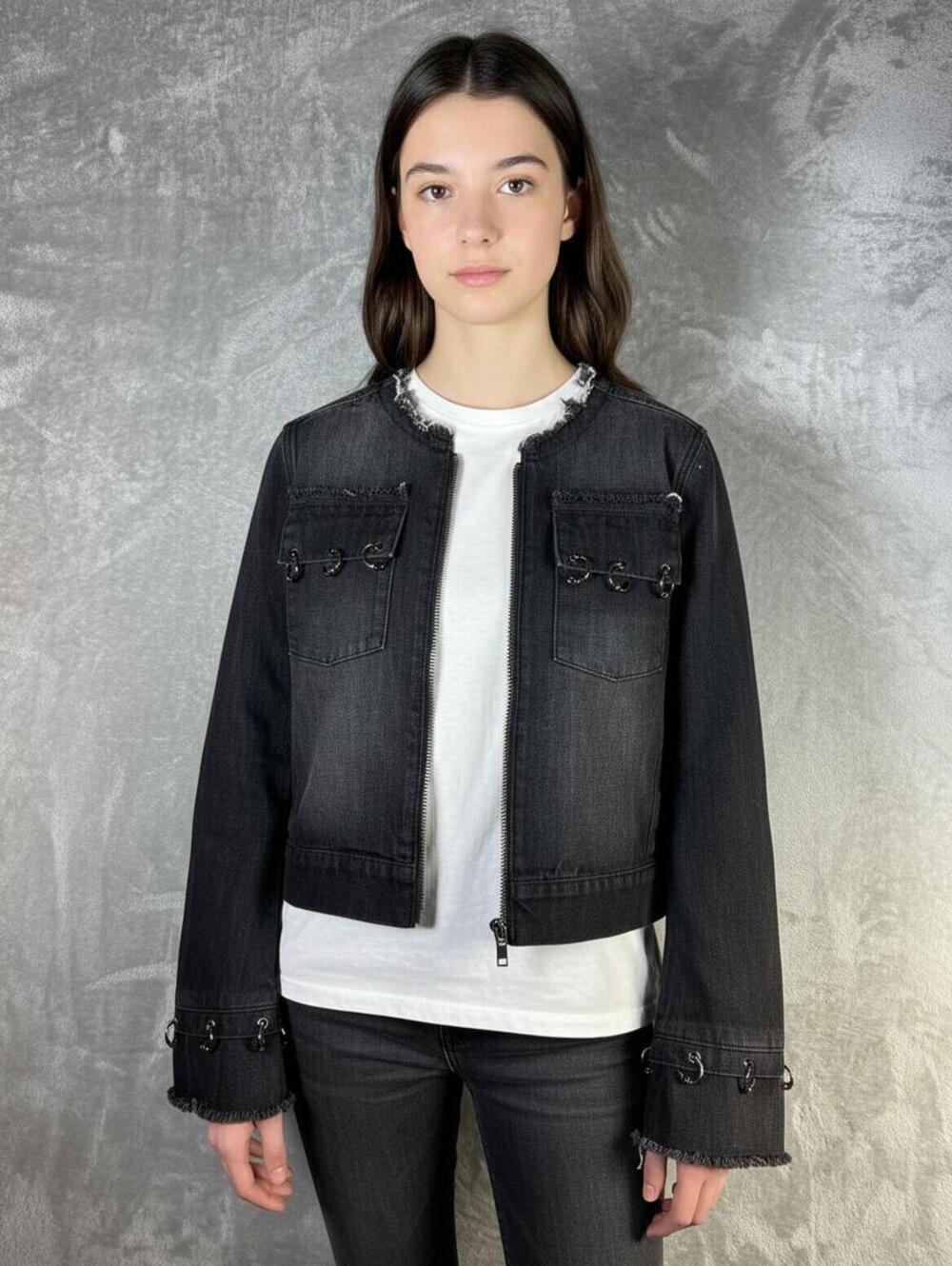 Blue Revival Black Distressed Denim‎ Jacket with Zip and Ring Details Size S